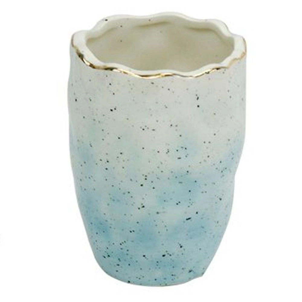 Trade Shop - Bicchiere Porta Spazzolini Dentifricio Bianco Azzurro Effetto Pietra Bagno 79272 -