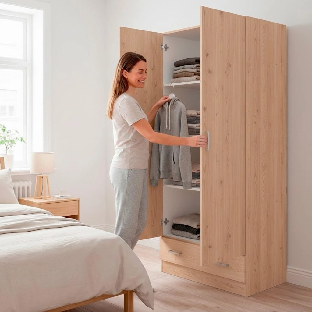 Armadio Design Moderno Con 2 Ante E 1 Cassetto Multiuso Salvaspazio Con Ripiani Interni E Vano Contenitore Per Camera Da Letto O Ingresso Rovere