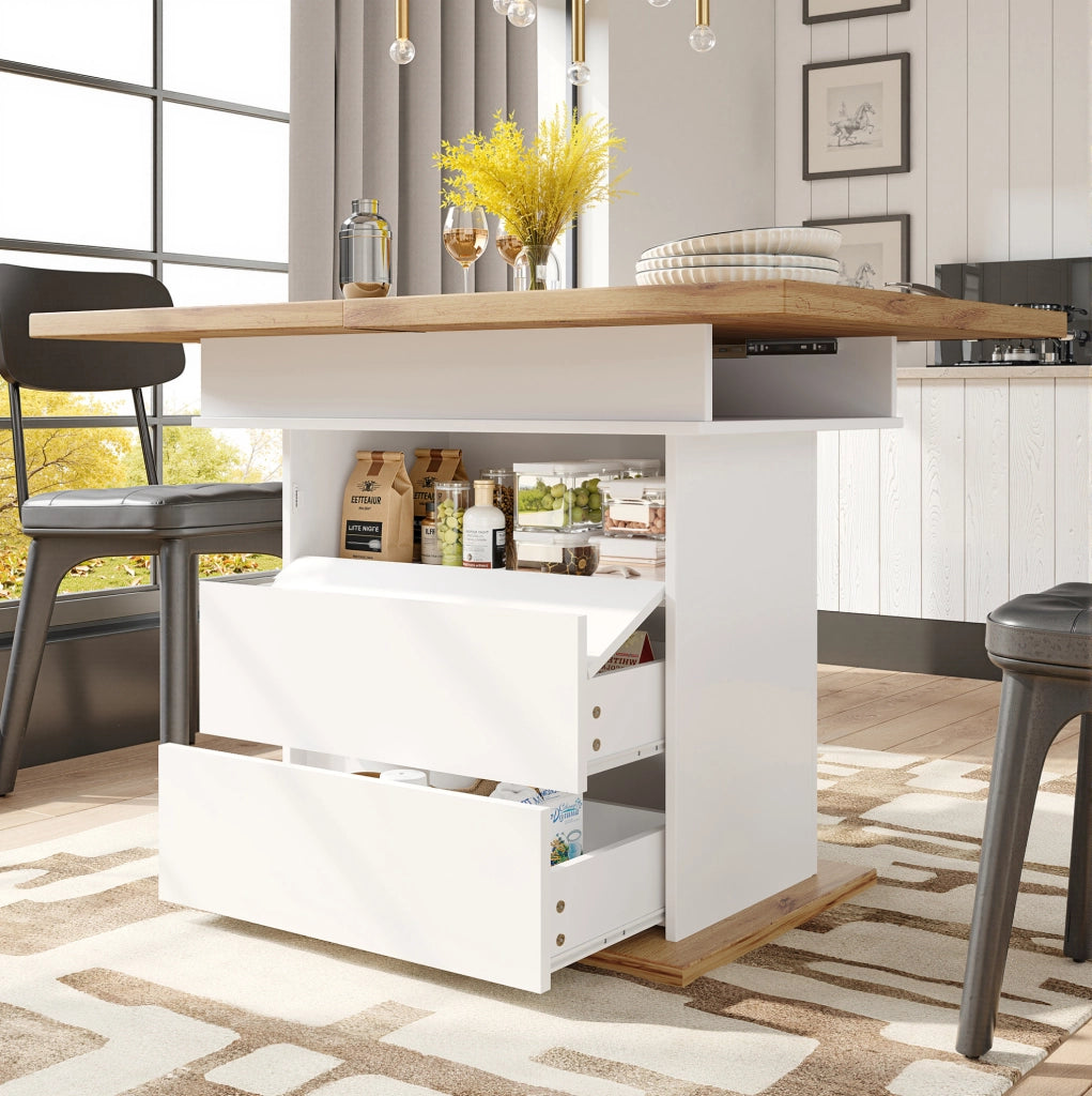 Tavolo da pranzo allungabile 110-140x80x75 cm con vano contenitore; MDF; bianco e naturale