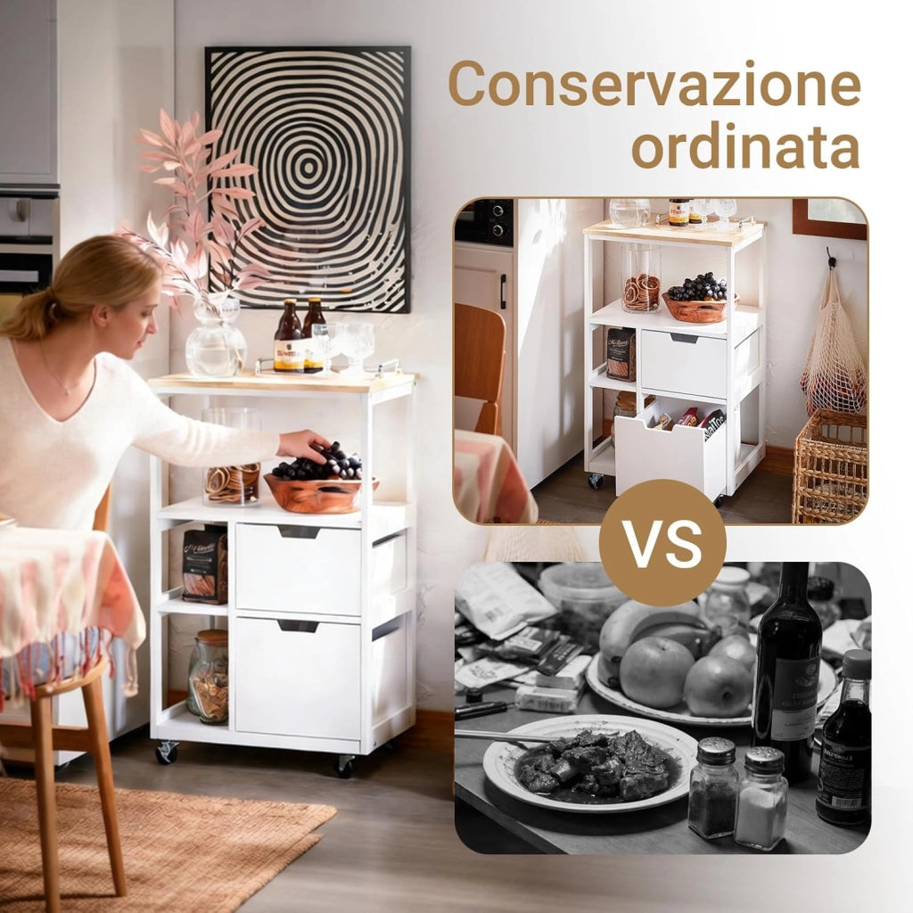 Carrello Cucina con Ruote Salvaspazio per Piccoli Spazi, Mobiletto Cucina con Cassetti e Ripiani, Carrello con Ruote Portatutto da Cucina, Isola Cucina Compatta Bianco 53x37x89 cm FKW111-WN