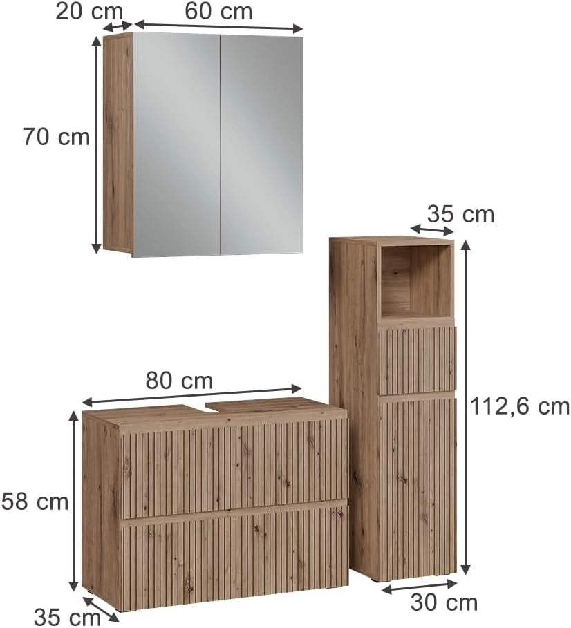 Set di mobili da bagno 3 pezzi Takumi, Artigiano, 80 cm, composto da mobile sottolavabo, specchiera e mobile medio