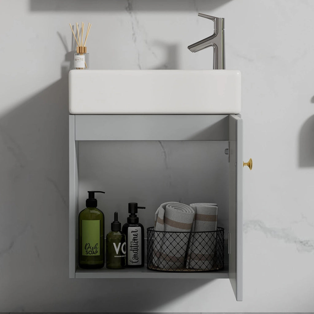 Mobile sottolavabo da bagno con 1 anta e lavabo in ceramica, per bagno piccolo, in MDF, grigio e bianco, 62 × 54 × 26 cm