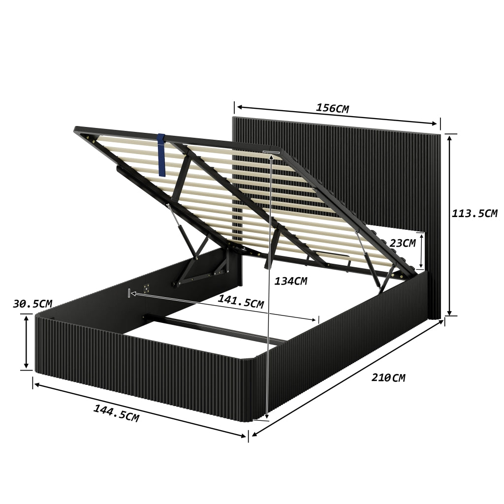 Letto contenitore 140 × 200 cm con sollevamento idraulico, ampio vano, struttura stabile, senza materasso, nero