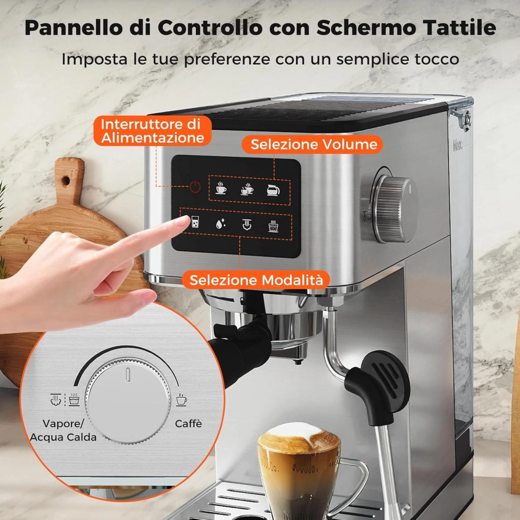 Macchina da caffè Automatica, Schermo a Sfioramento, Macchina per Espresso in Acciaio Inossidabile per Cappuccino Latte Macchiato, 26 x 21 x 28 cm