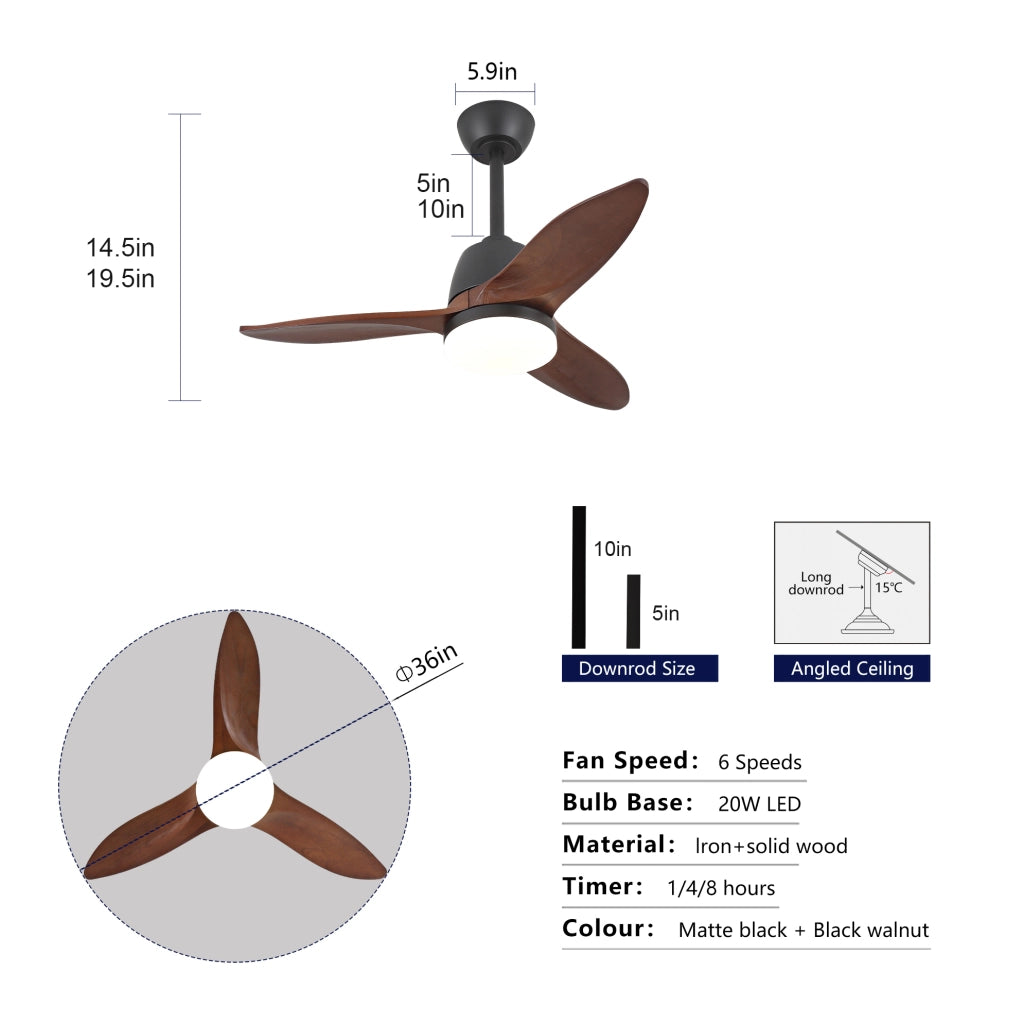 Ventilatore da soffitto moderno 36 pollici con LED; 3 pale in legno massello; nero e noce scuro