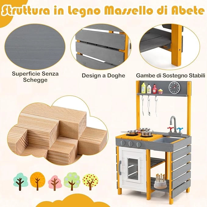Cucina Giocattolo in Legno, Cucina per Bambini all'Aperto con Fornelli, Lavabo Rimovibile, Rubinetto, Forno, Ganci Appesi e Mensole Portaoggetti, Set di Gioco in Legno per Bambini 3+ Anni