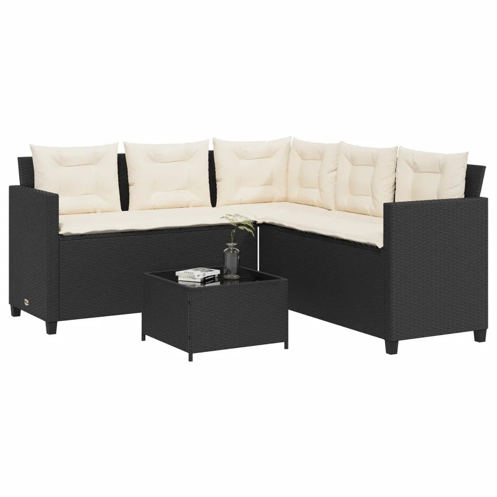 Divano da Giardino con Tavolo e Cuscini a L Nero in Polyrattan 369039