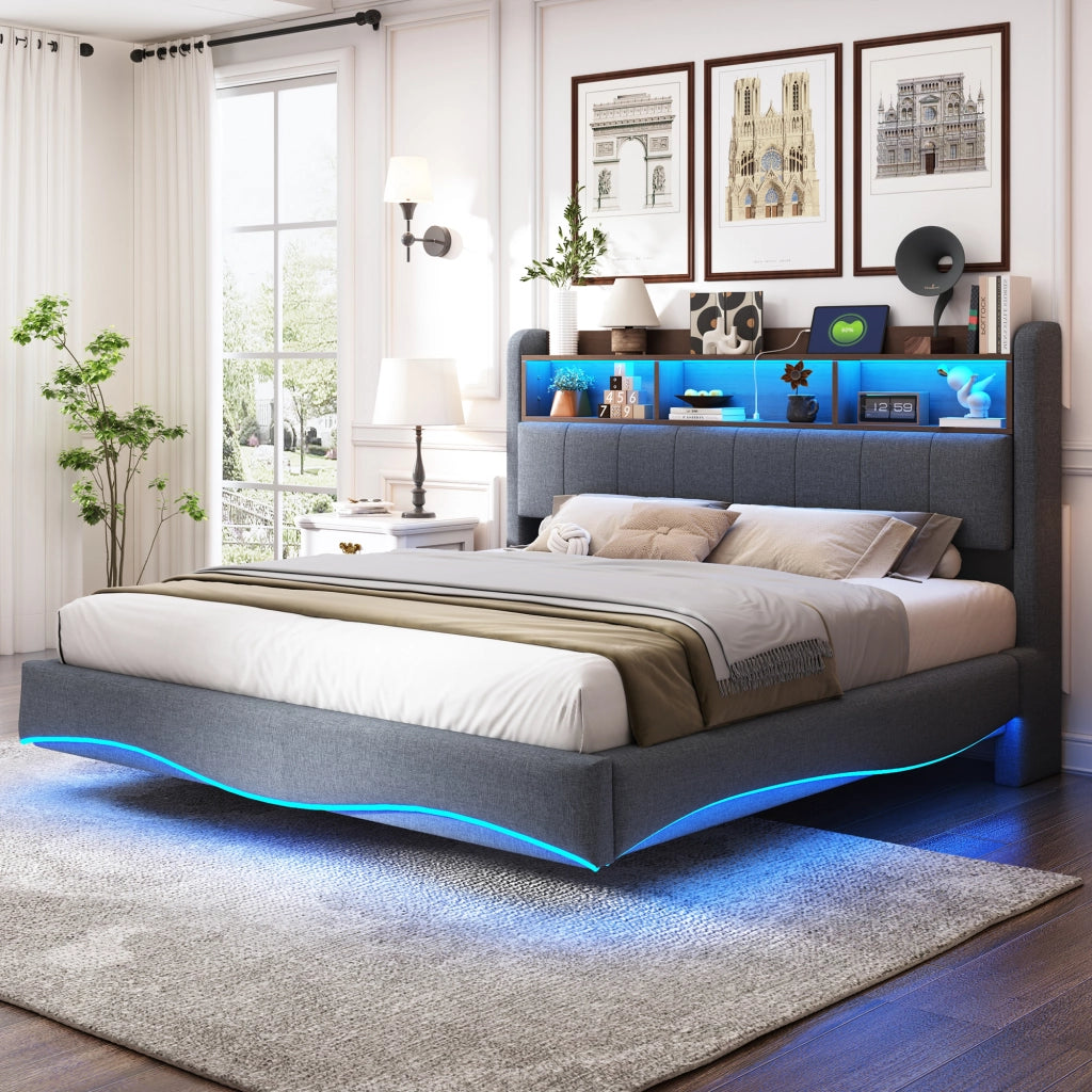 OKWISH Letto Imbottito 160×200 cm, Letto Matrimoniale con LED Regolabile, USB, Type C e Vano Testiera, senza Materasso, Grigio