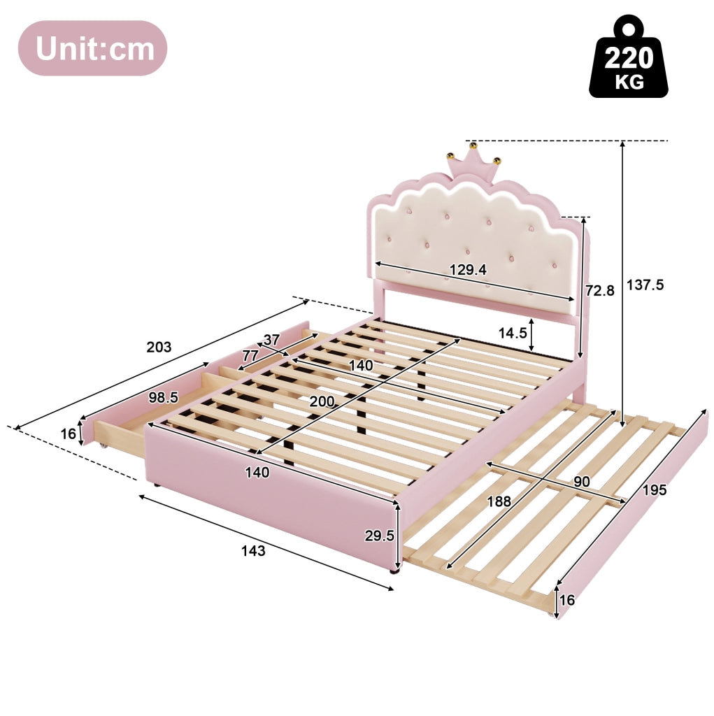 Letto imbottito rosa 140x200 cm con LED, letto estraibile e 2 cassetti