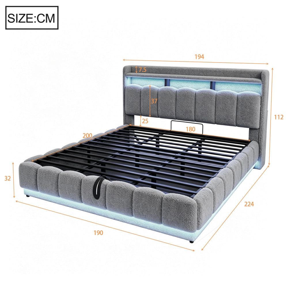 Letto imbottito 180x200 cm con contenitore idraulico; LED; USB e prese; tessuto grigio