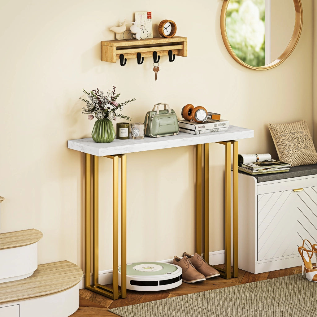 Tavolo console con piano in marmo effetto ¨C zephmum ¨C bianco oro 100x30x78,5 cm