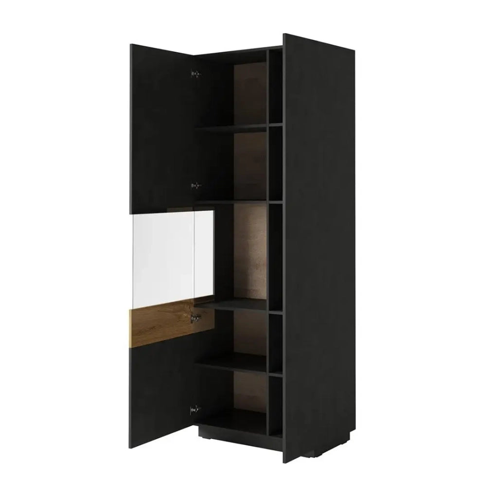 Vetrina, libreria, credenza KILES colore grigio antracite e rovere. Modello vetrina a sinistra.