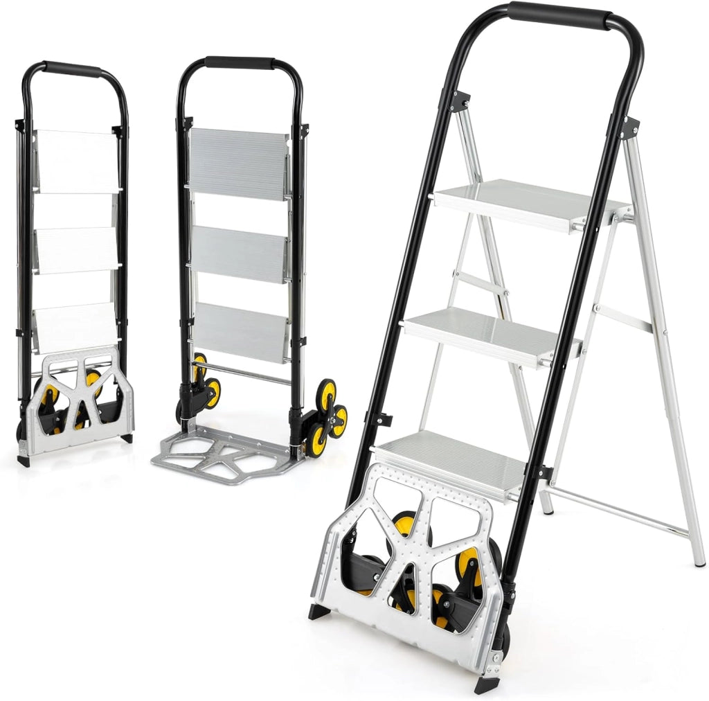 Carrello a Mano 2 in 1 e Scala, Scaletta Pieghevole a 3 Gradini in Alluminio con Ruote in Gomma e Pedali Antiscivolo, Carrello Portatile con Corrimano per Casa e Ufficio, Portata 250 kg