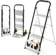 Carrello a Mano 2 in 1 e Scala, Scaletta Pieghevole a 3 Gradini in Alluminio con Ruote in Gomma e Pedali Antiscivolo, Carrello Portatile con Corrimano per Casa e Ufficio, Portata 250 kg