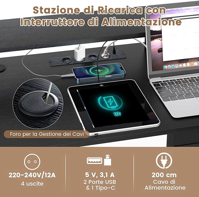 Scrivania da Gaming Angolare, Scrivania per Computer con Luci LED, Prese di Corrente, Supporto per Monitor, Gancio e Ripiani, Postazione di Lavoro ad Angolo
