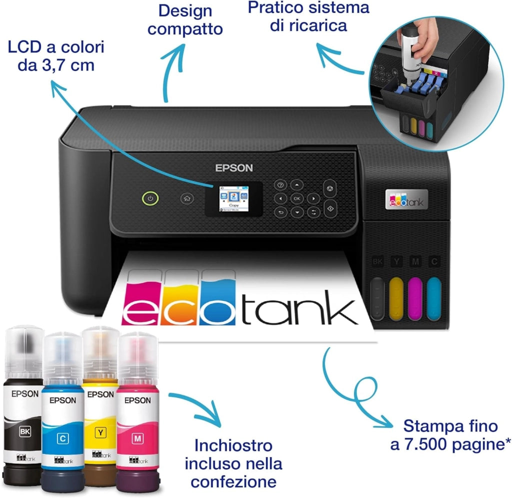 Epson EcoTank ET-2820 stampante Multifunzione A4 (stampa, copia, scansione) USB, Wi-Fi, Wi-Fi Direct, display LCD 3,7 cm, serbatoi flaconi alta capacità, Smart Panel, fronte/retro, Nero