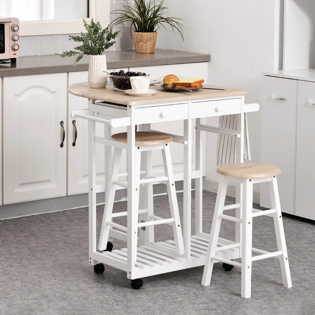 EasyComfort Carrello da Cucina Pieghevole, Mobile da Cucina Salvaspazio con 2 Sgabelli 2 Cassetti 5 Ruote (Rotazione 360°), Legno MDF Bianco
