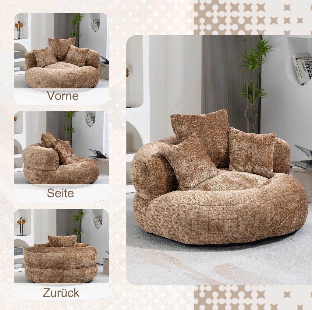 Poltrona lounge a sacco in chenille marrone; 108 x 108 x 52 cm; con braccioli e schienale alto
