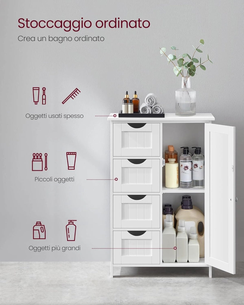 VASAGLE Mobile da Bagno, Armadietto Autoportante, Mobiletto in Legno con 4 Cassetti e Anta, Ripiano Regolabile, per Soggiorno, Cucina, Corridoio, Bianco LHC41W