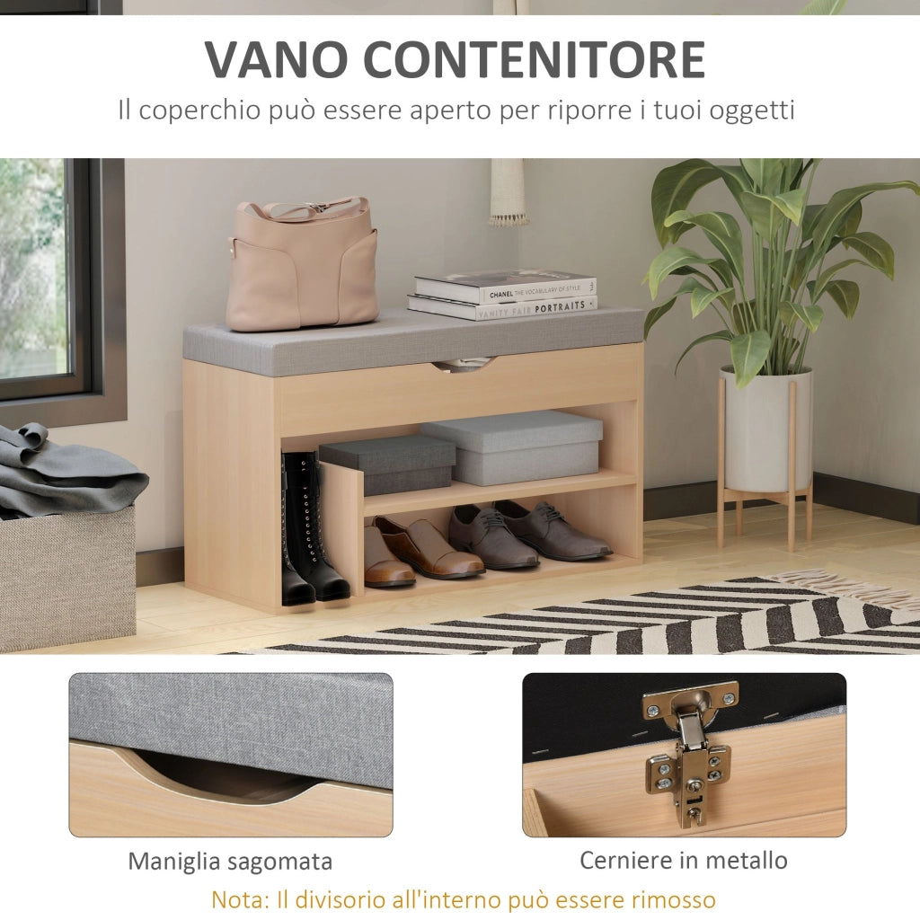 Panca Scarpiera 2 Ripiani in MDF con Cuscino 80x30x48 cm  Grigio e Rovere