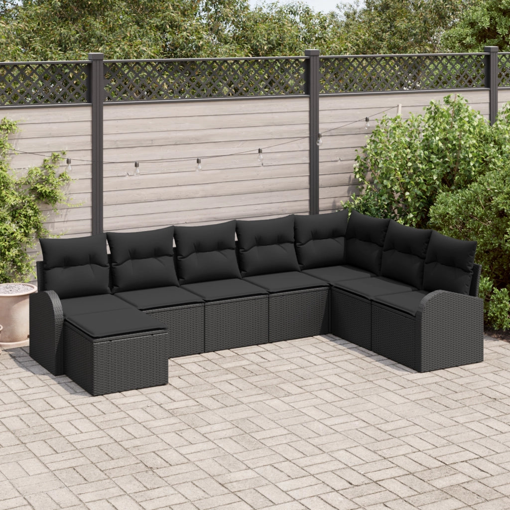 Set Divano da Giardino 8 Pezzi con Cuscini Nero Polyrattan