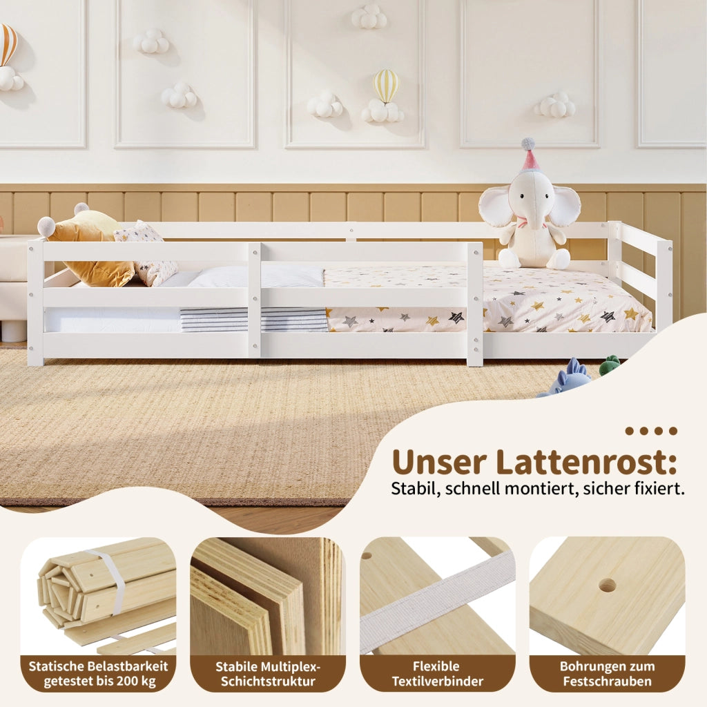 Letto per bambini Montessori 90 × 200 cm con barriera di sicurezza, rete inclusa, senza materasso, in pino, bianco