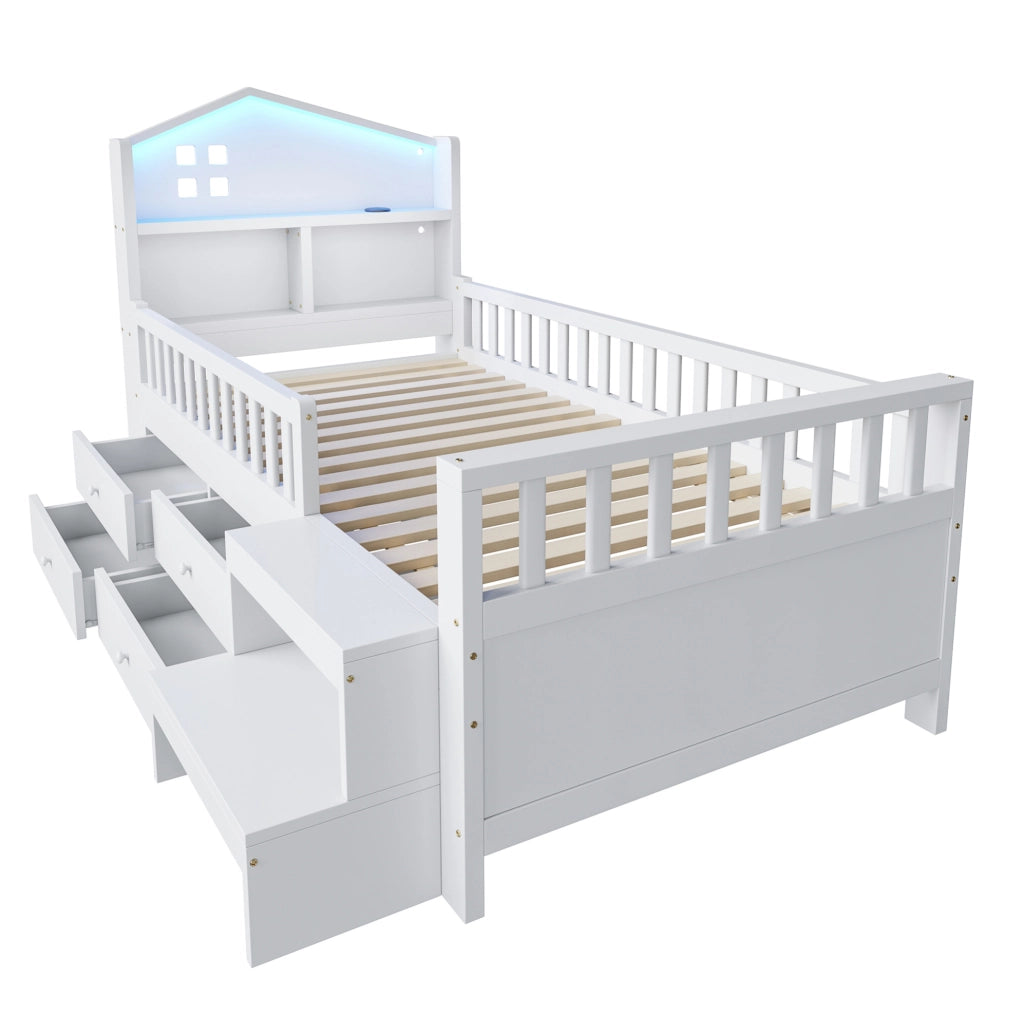 Letto per bambini con 4 cassetti; scale; LED e USB Type-C; 90x200 cm; bianco
