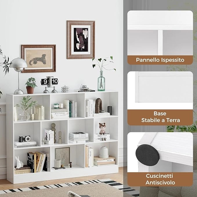 COSTWAT Libreria a 10 Cubi, Organizzatore di Stoccaggio a 3 Ripiani con 2 Kit Anti-Ribaltamento, Scaffale Multiuso in Legno per Soggiorno Camera da Letto Ufficio, 140x24x104 cm (Bianco)