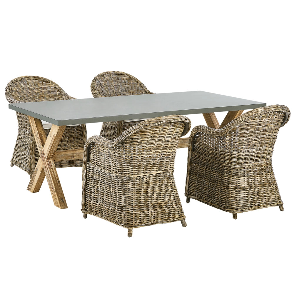 Set da pranzo da giardino Tavolo in cemento naturale 4 sedie in vimini in rattan con cuscini in cotone