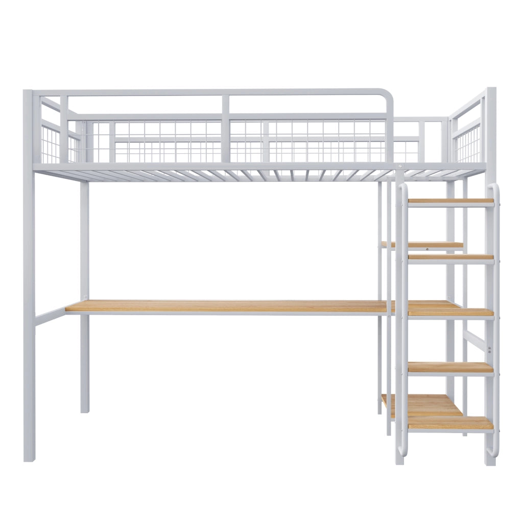 Letto a soppalco in metallo con scrivania e ripiani, 90x200 cm, bianco, con scala di sicurezza e barriera a rete