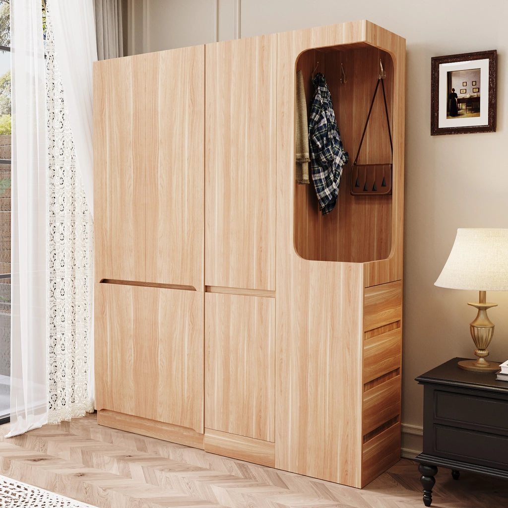Armadio con 3 ante e 4 cassetti, area appendiabiti aperta e 3 vani contenitore, in legno, naturale 140 × 40 × 170 cm