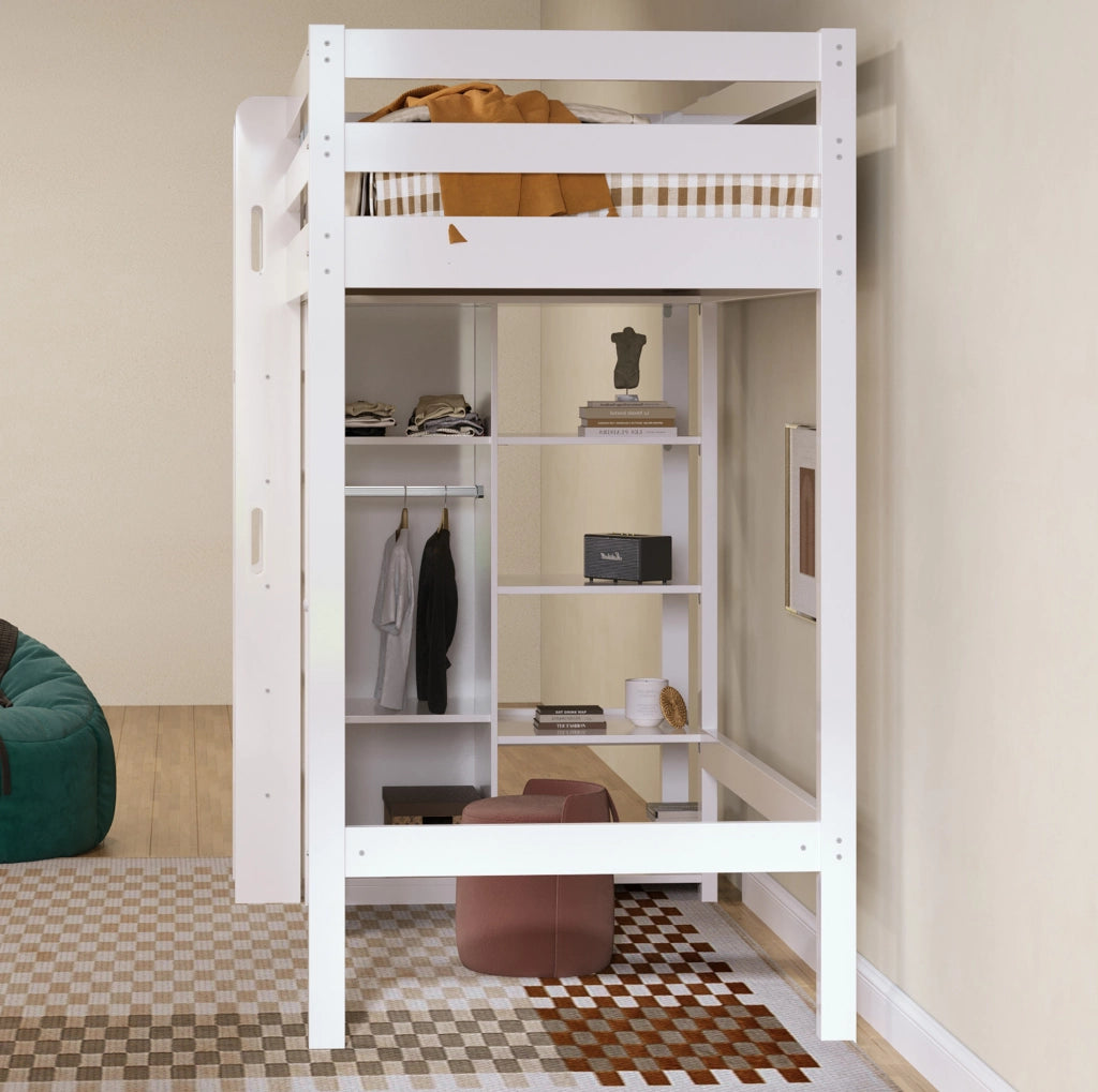 Letto a soppalco per bambini 90x200 cm con armadio e 4 ripiani; bianco