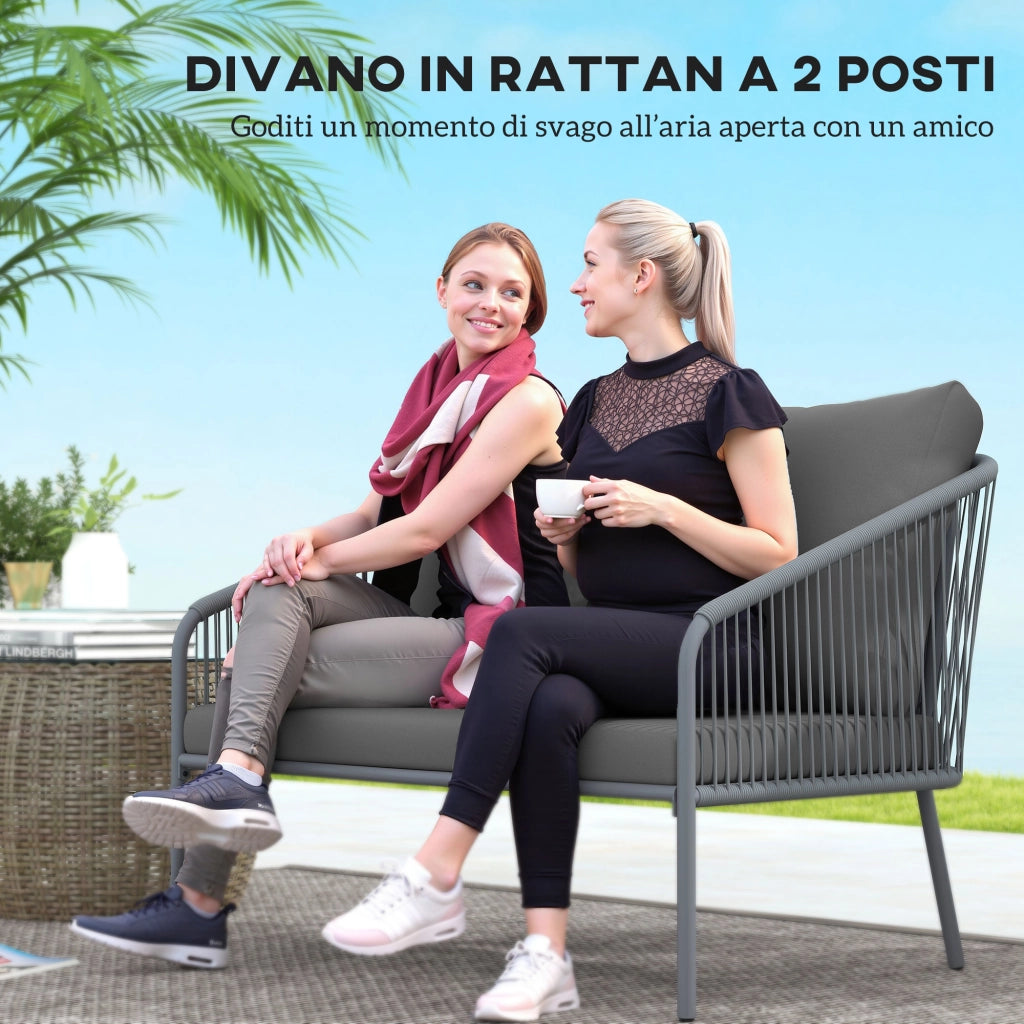 Divano 2 Posti Stile Boho con Cuscini Sfoderabili e Braccioli, in Acciaio e Rattan PE, 112x72x76 cm, Grigio