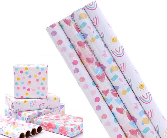 4 Pacchi di Carta da Regalo per Festa di Compleanno 43cm x 3m Disegno Arcobaleno - Perfetto per Festa di Compleanno, San Valentino, Festa, Matrimonio, Festa di Bambino Decorazioni Festive