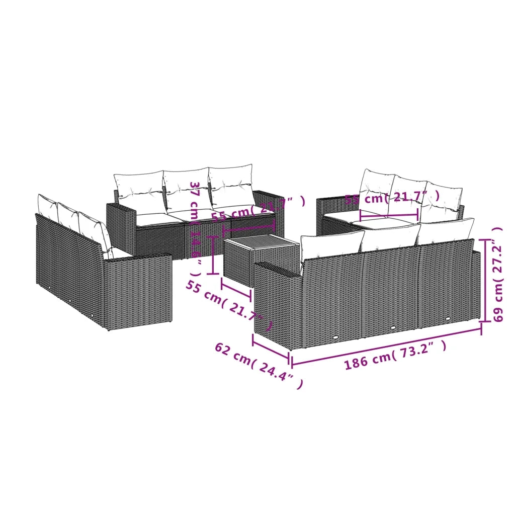 Set Divani da Giardino 13pz con Cuscini Nero in Polyrattan 3224053