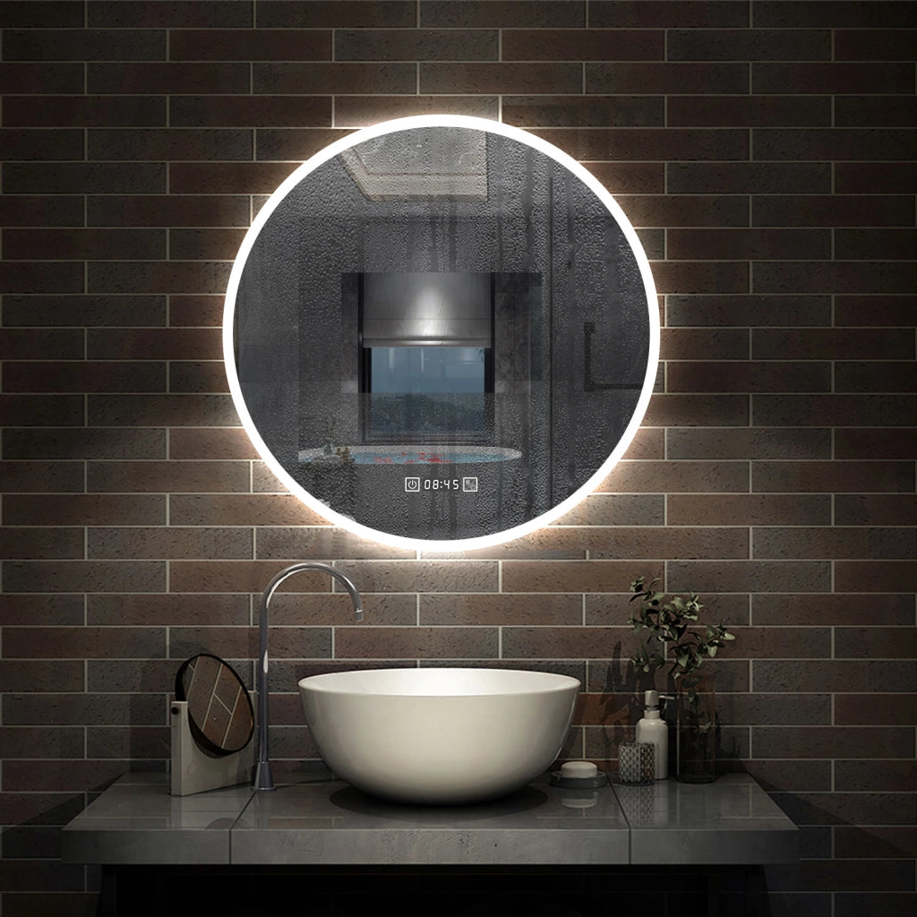 Aica Specchio da bagno a LED+Diametro 80cm+3 Temperature di Colore+Funzione Antiappannamento+orologio