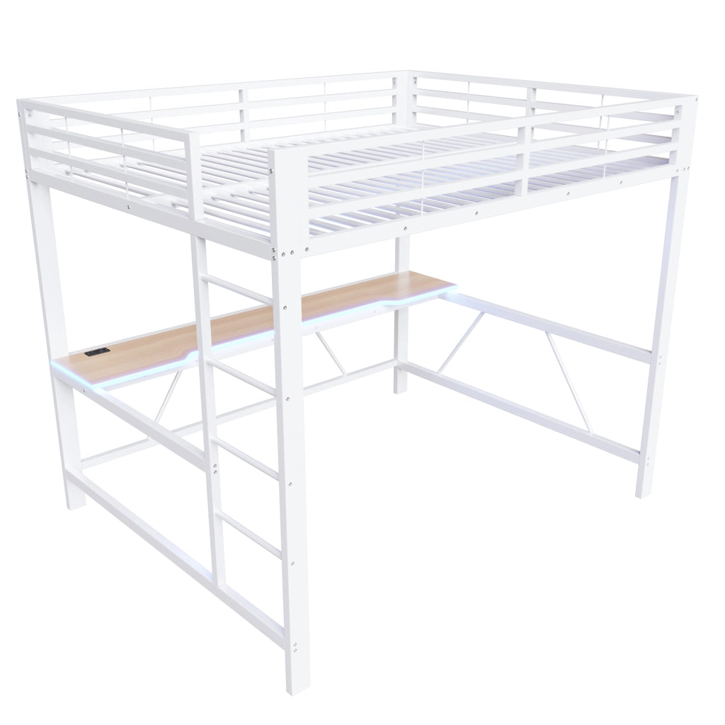 Letto a Soppalco 160x200 cm; Letto Singolo con Scrivania; LED; Guardrail - in Metallo; Bianco