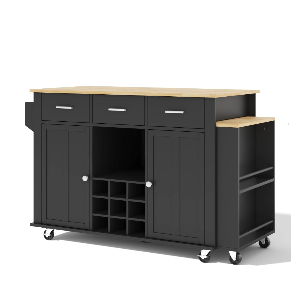 Isola cucina mobile con piano estraibile, 3 cassetti, portabottiglie, presa USB e 7 ruote, 136(223)x50x93 cm, nero/effetto naturale