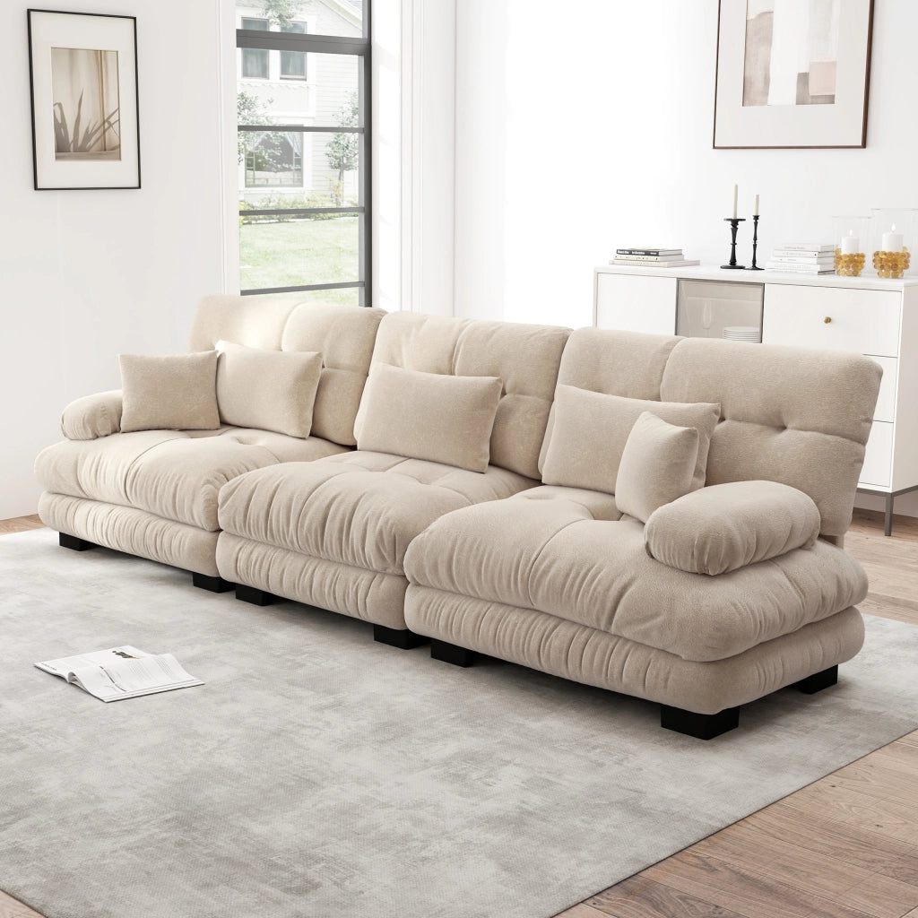 Divano modulare angolare 3 posti con seduta profonda e cuscini, in tessuto chenille, marrone chiaro vintage