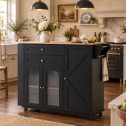 Isola da cucina mobile 110 cm con piano ribaltabile; 2 cassetti e ruote; nera