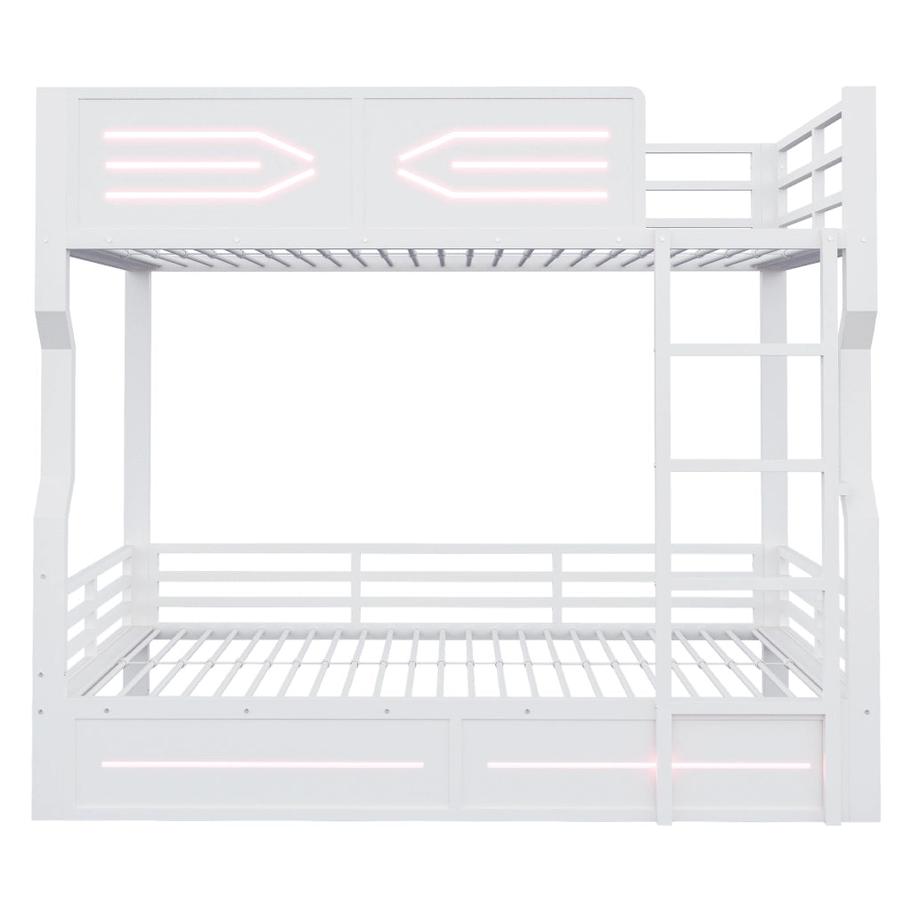 Letto a castello per bambini 90x200 cm con striscia LED; linee moderne e parapetti alti; metallo bianco