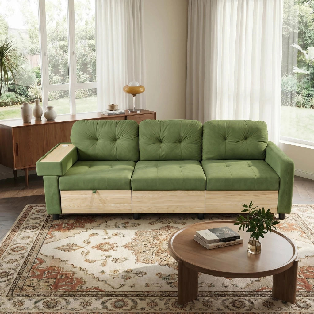 Divano angolare modulare con chaise longue estraibile, USB e spazio contenitore in velluto verde per soggiorno