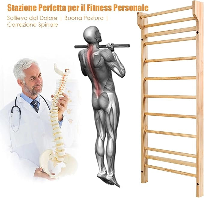 Spalliera Svedese Adulti e Bambini, Scala Svedese in Legno a 10 Gradini, Spalliera Palestra e Casa, Carico Massimo 100 kg, 195 x 80 x 14 cm