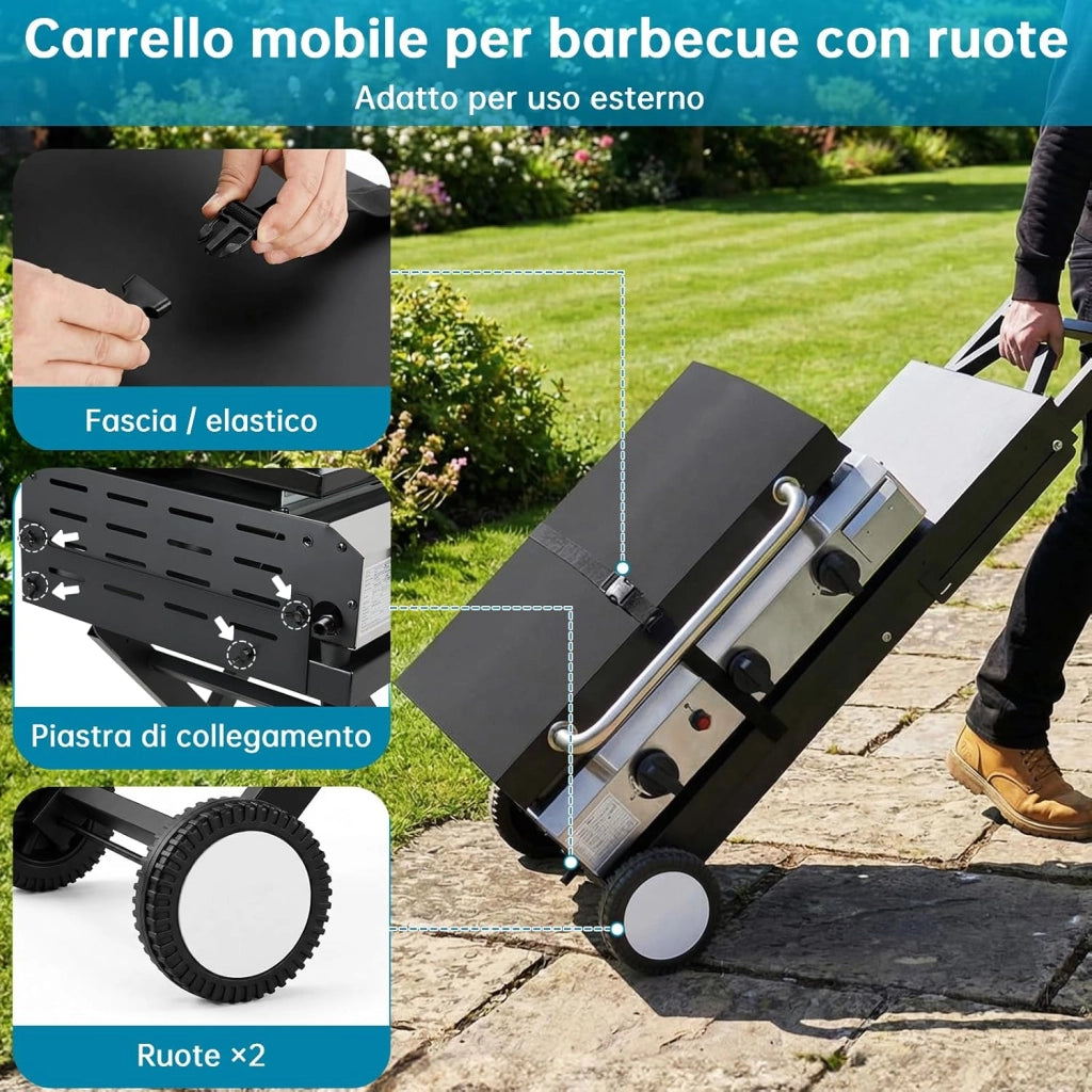 Carrello Barbecue Pieghevole con Ripiano Staccabile, 102x39cm Supporto Portatile con 2 Ruote, Tavolo Stabile per BBQ, per Esterno da Campeggio, Picnic e Giardino, Montaggio Facile, Nero