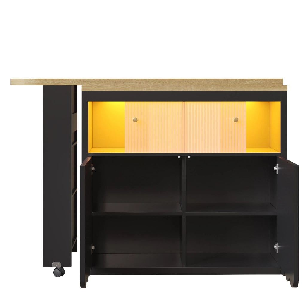 Tavolo bar 135-205x39x100 cm con ruote; LED e porta USB in MDF e vetro nero