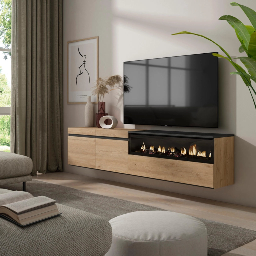 Mobile TV, 200x35x45cm, soggiorno, Per TV fino a 80", Camino elettrico, da appendere, colore Rovere e nero RF2159