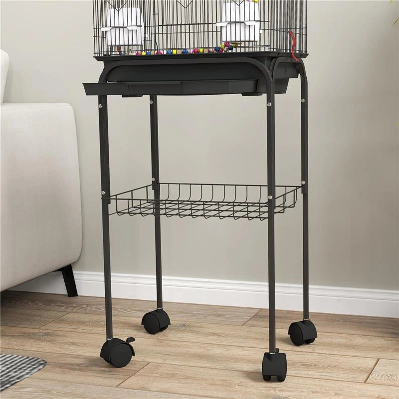 GABBIA PER UCCELLI CON PIEDISTALLO RUOTE GIREVOLI RIPIANO E ACCESSORI 46X36X120 CM NERO