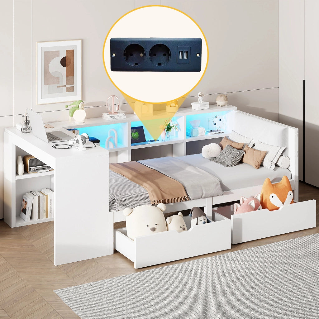 Letto Singolo 90x200 cm con Contenitore; Cassetti; USB; LED e Testiera Imbottita Bianca