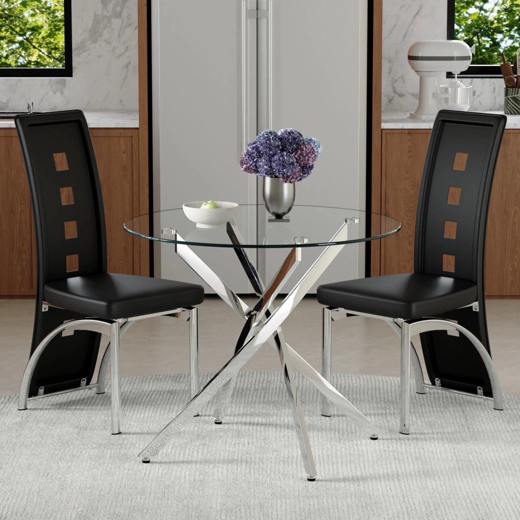 Set tavolo cucina e sedie con 1 tavolo rotondo e 2 sedie; vetro temperato; metallo argentato e PU nero