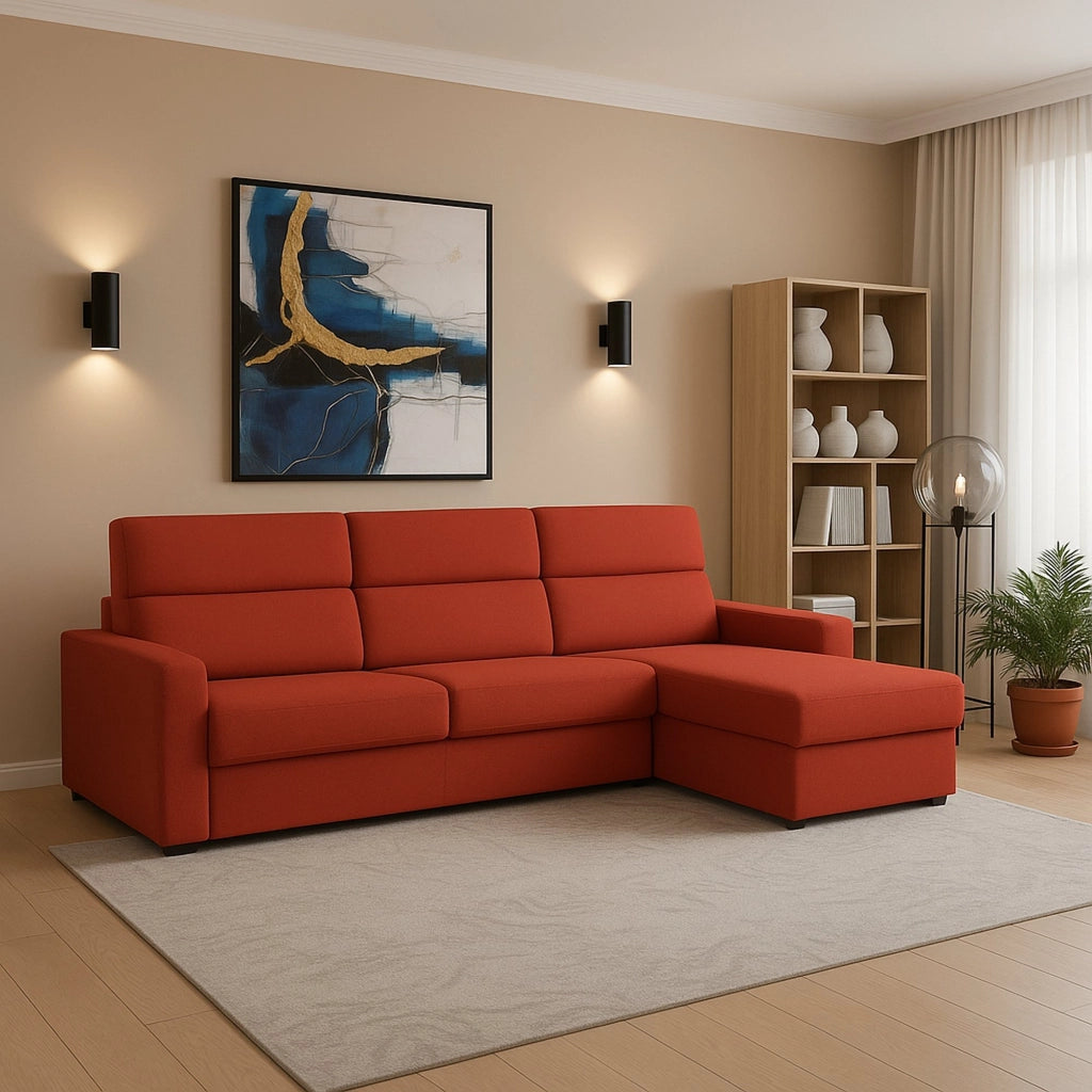 Vigonovo, Divano Fisso con Penisola Sfoderabile Made in Italy, 280x160 cm Arancione